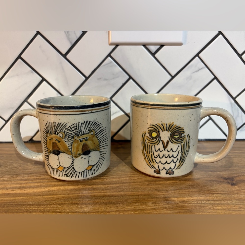 Handcrafted Owl and Hedgehog Ceramic Mugs - Brown and Cream